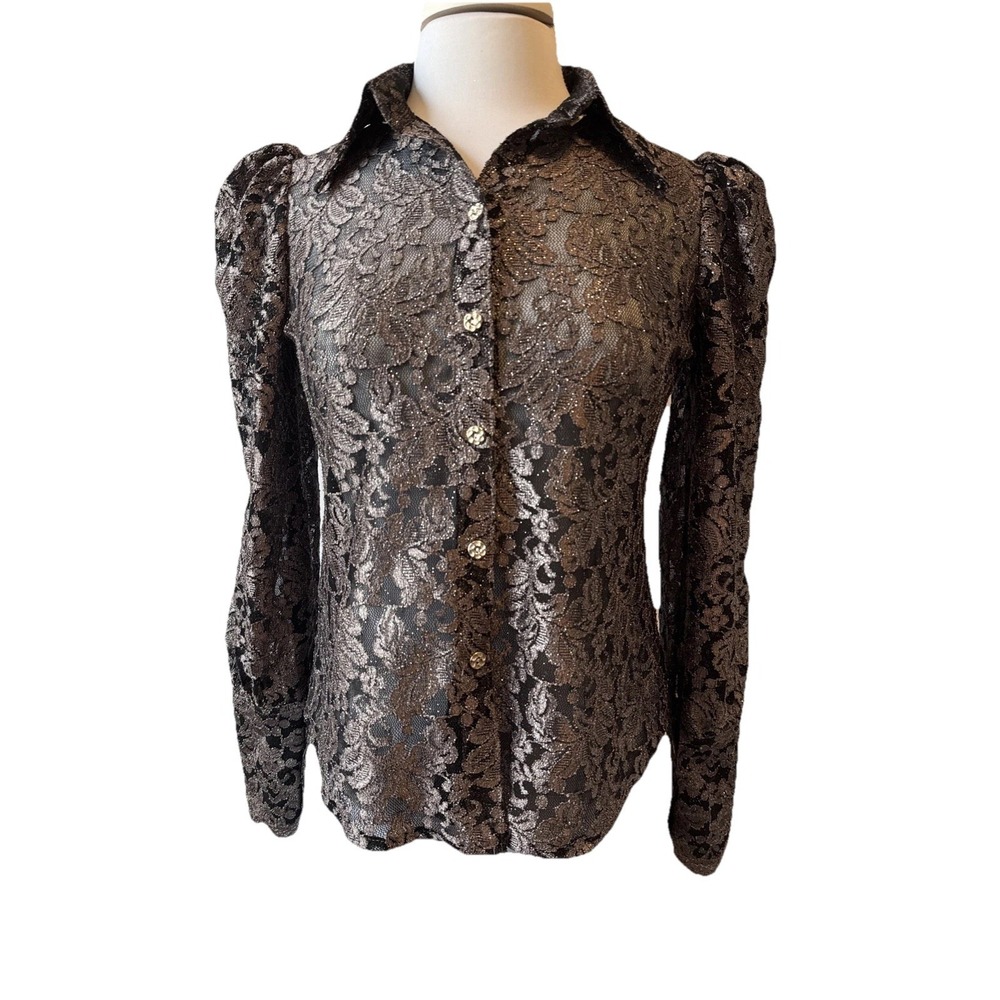 Romantic Sheer Lace Metallic Glitter Puff Button Blouse M Renaissance Sexy Retro